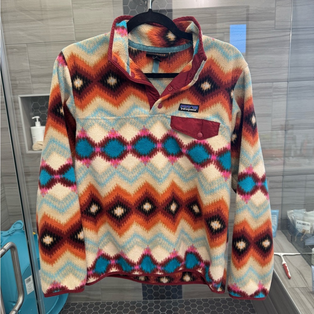Patagonia Multicolor Aztec Fleece Pullover - Turquoise, Rust, Cream, Maroon